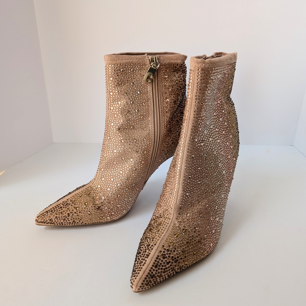 Carvela Champagne Pink/Tan Pointed Toe Stiletto Ankle Boots with Rhinestones